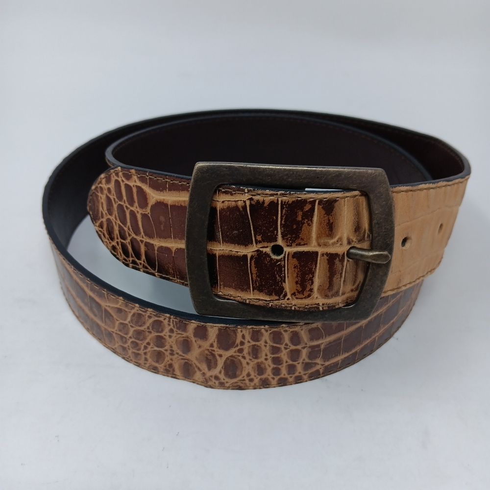 Brown Croc-Embossed Leather Belt with Brass Buckle